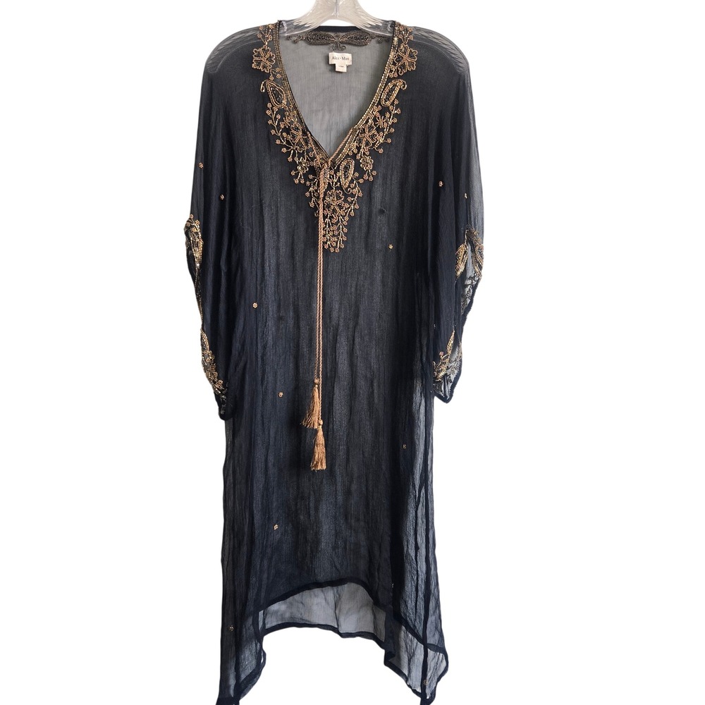 Alex Max S/M Tunic Dress Womens Black Excellent Beaded Sequin Kaftan Boho Tassel